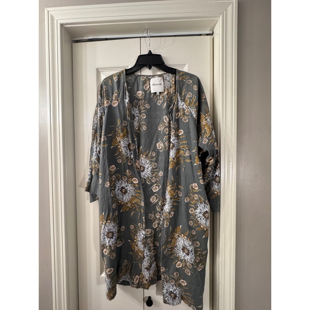 Madewell Gray Floral Gauze Kimono Cardigan Open Front Layering Top Medium